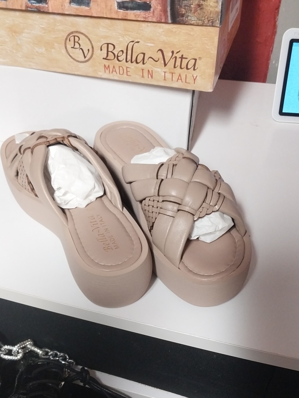 Bella Vita Taupe Woven Platform Slide Mules